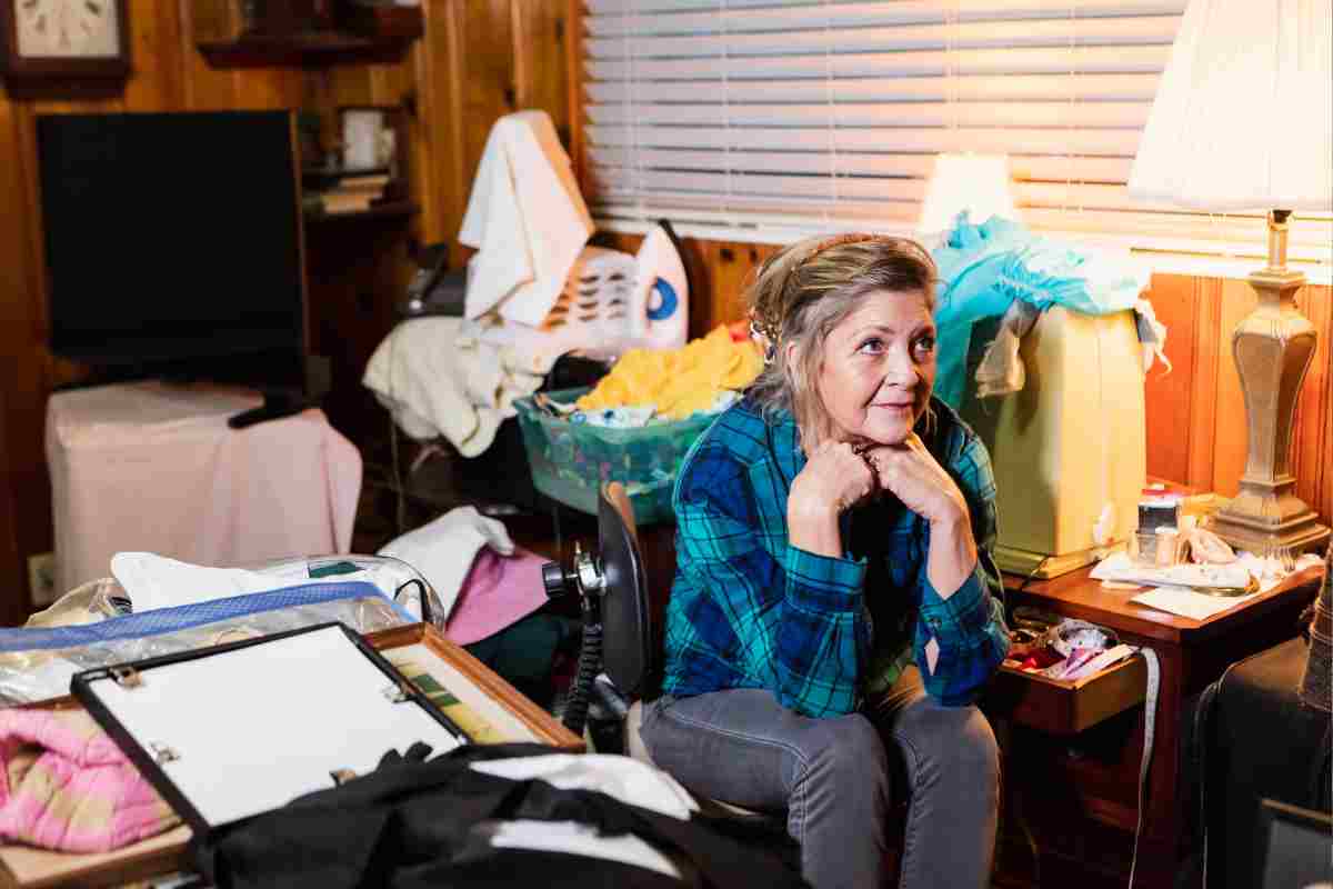 donna pensa tra il disordine della casa