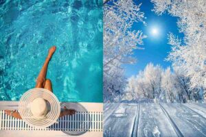 una persona in piscina e un paesaggio innevato